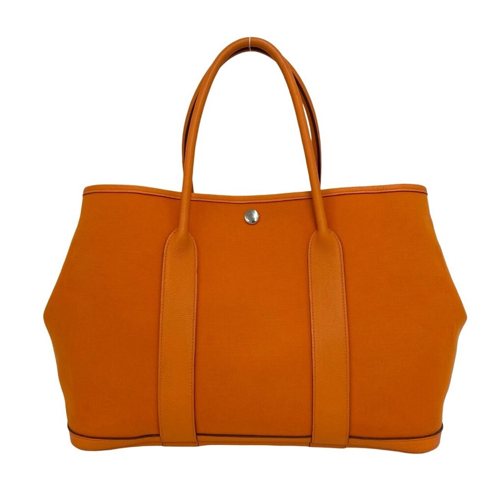 HERMES Garden Party MM Toile Officier Buffle Leather Handbag Tote Bag Orange ...